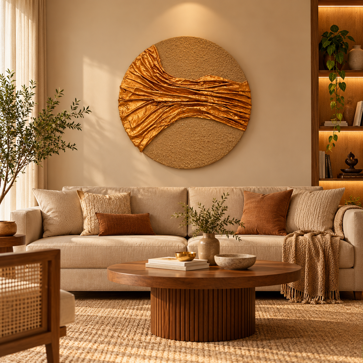 Swarna | Handcrafted Golden Textured Round Wall Art