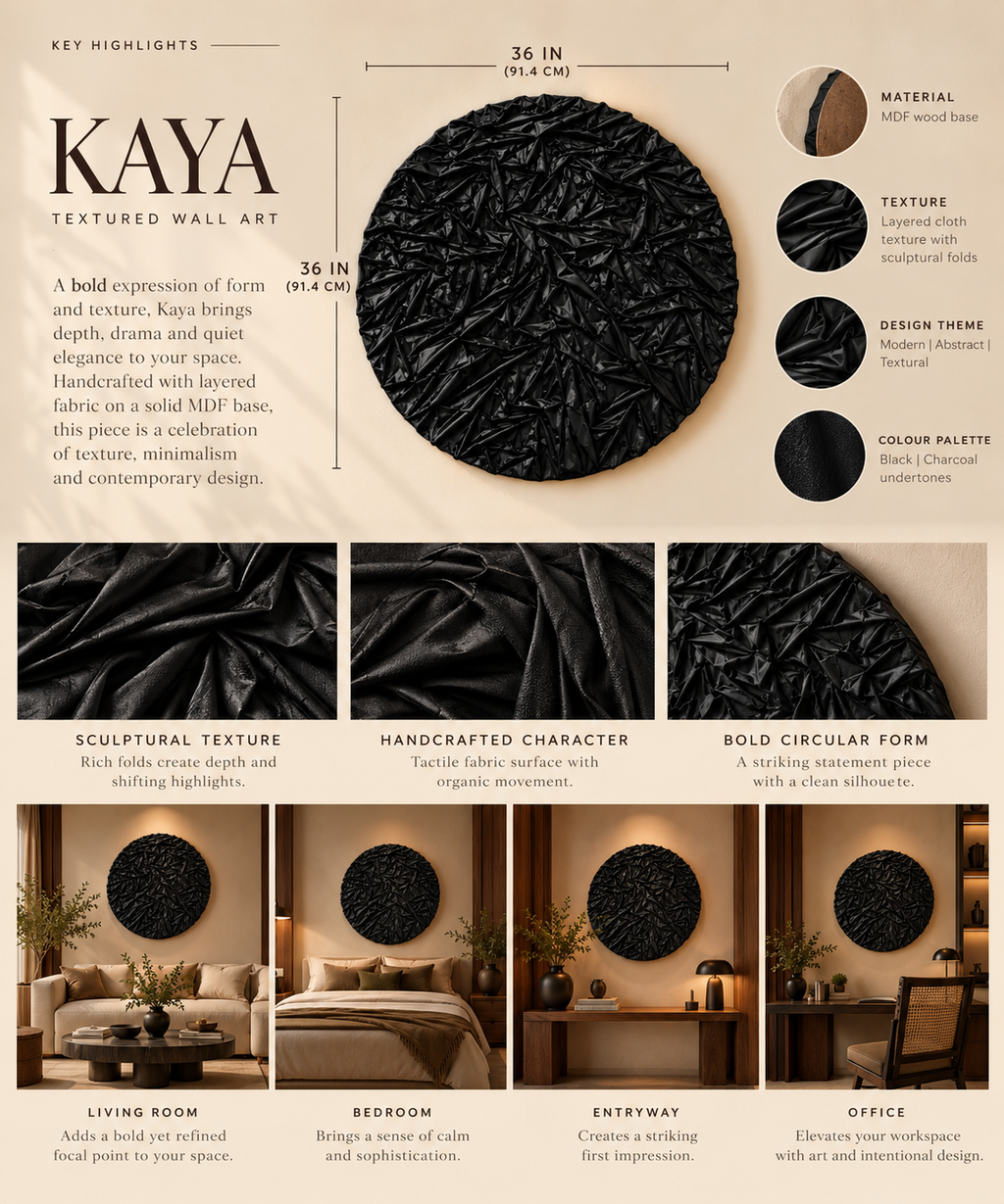 Kaya – Black Textured Fabric Wall Art | Round Abstract Sculptural Wall Decor | Modern Luxury Statement Piece | 36 × 36 Inches