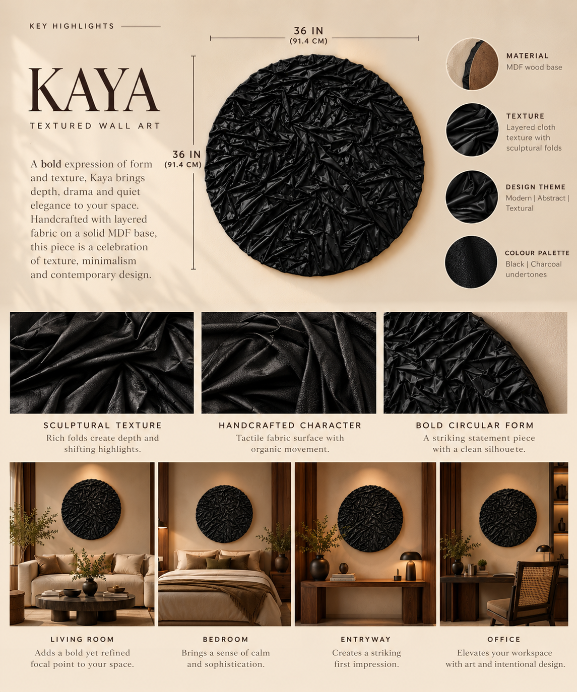 Kaya – Black Textured Fabric Wall Art | Round Abstract Sculptural Wall Decor | Modern Luxury Statement Piece | 36 × 36 Inches