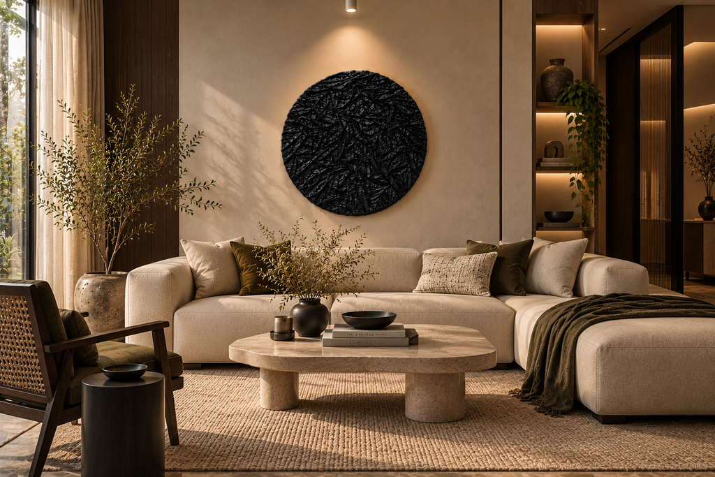 Kaya – Black Textured Fabric Wall Art | Round Abstract Sculptural Wall Decor | Modern Luxury Statement Piece | 36 × 36 Inches