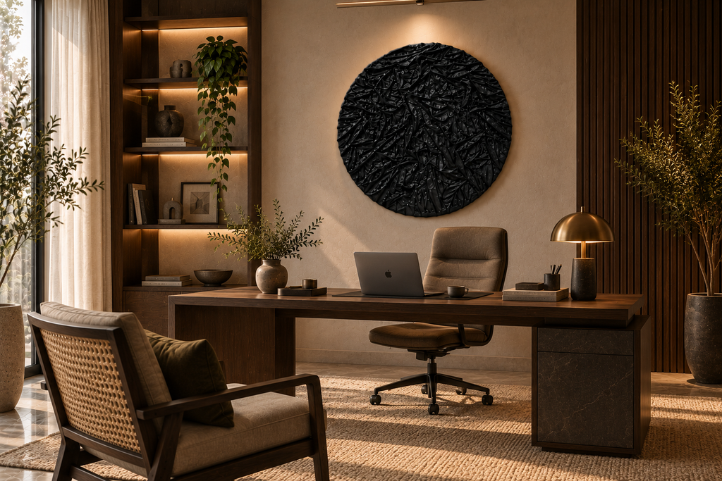 Kaya – Black Textured Fabric Wall Art | Round Abstract Sculptural Wall Decor | Modern Luxury Statement Piece | 36 × 36 Inches