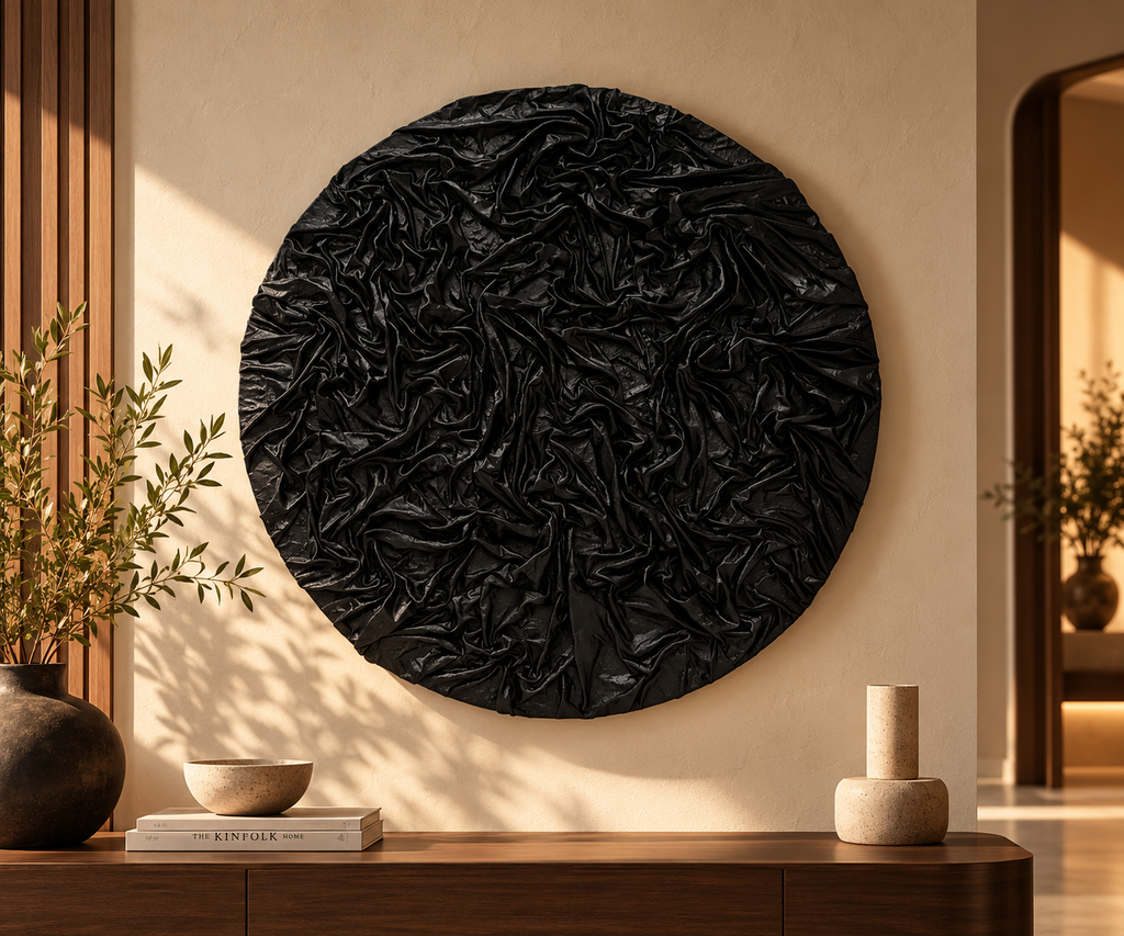 Kaya – Black Textured Fabric Wall Art | Round Abstract Sculptural Wall Decor | Modern Luxury Statement Piece | 36 × 36 Inches