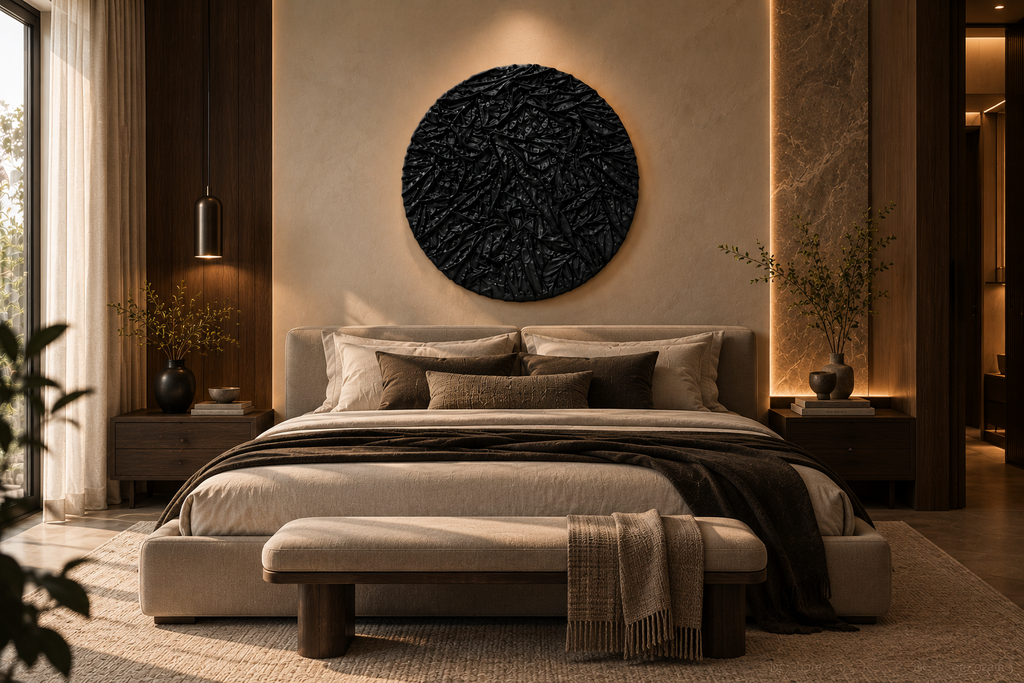 Kaya – Black Textured Fabric Wall Art | Round Abstract Sculptural Wall Decor | Modern Luxury Statement Piece | 36 × 36 Inches