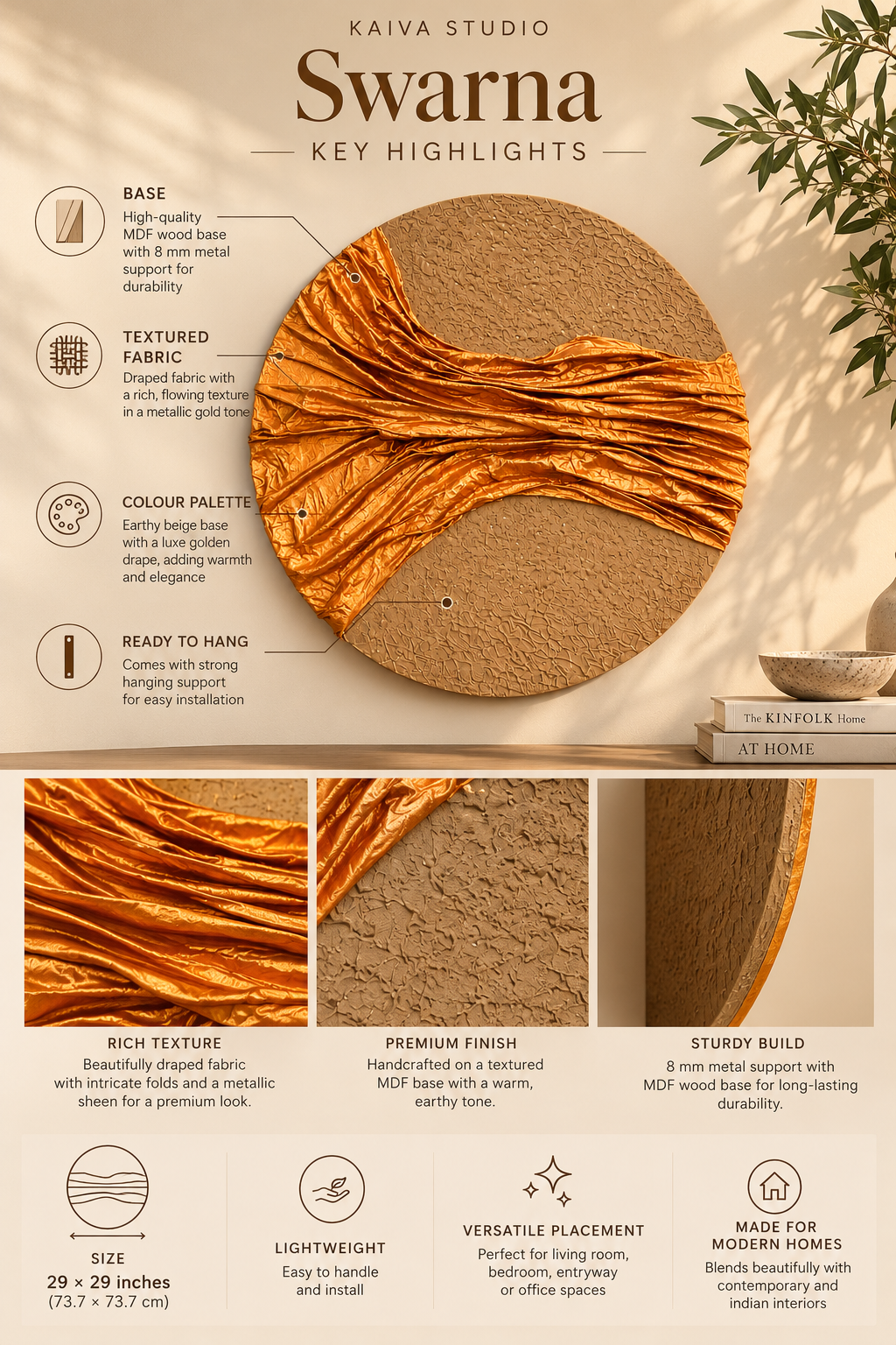 Swarna | Handcrafted Golden Textured Round Wall Art